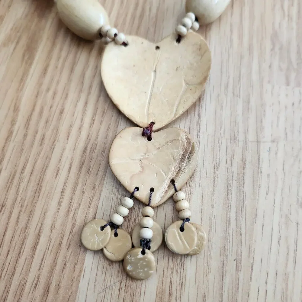 Boho Coconut‎ Shell Wood Bead Double Heart Pendant Necklace Tribal Beach Style